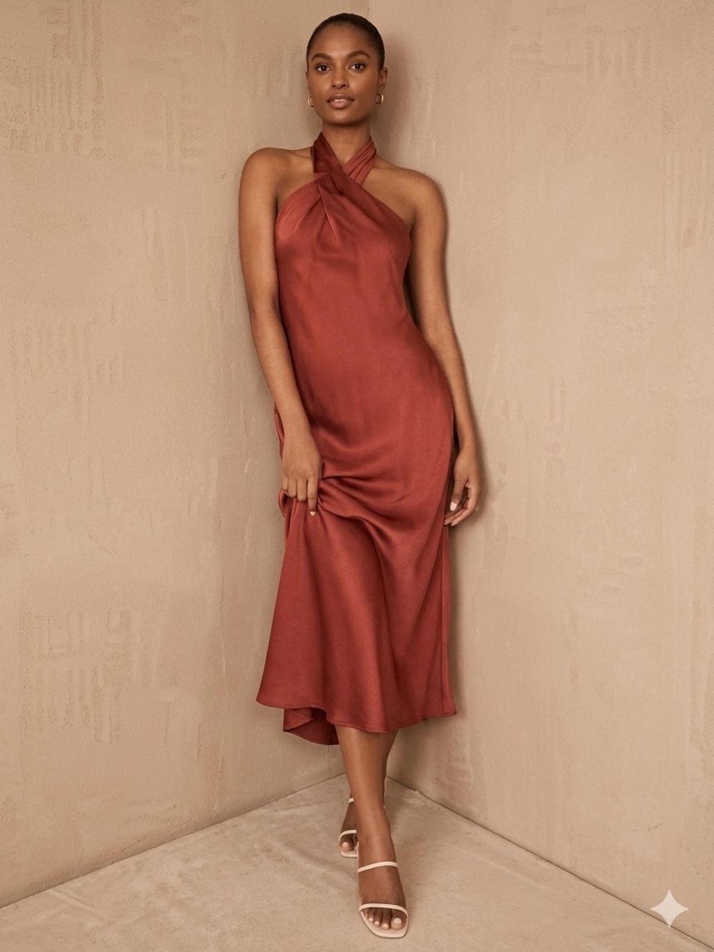 BHLDN One-Shoulder Satin Dress in Terracotta Rust